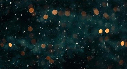 A blurry background with bokeh lights and falling snow creating a winter atmosphere