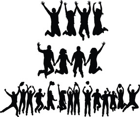 Set of happy people silhouettes jumping for joy, teamwork success, diverse group celebration, excited friends together, isolated vector illustration.