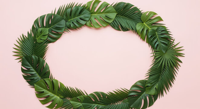 Tropical green leaf wreath arranged in oval frame on pastel pink background for botanical design and summer nature concepts