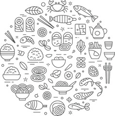 Circle of japanese food icons and symbols hand drawn outline style