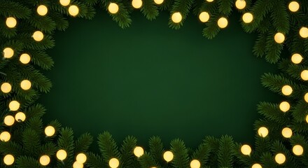 A christmas frame with pine branches and yellow lights on a dark green background space