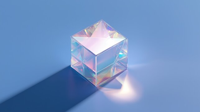 Futuristic quantum crystal cube with glowing edges and gradient effect on minimalist blue backdrop, rendered in Cinema 4D via Redshift and Octane for tech and data visualization.