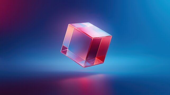 Minimalist quantum crystal cube with glowing edges and gradient color effect on blue background, rendered in Cinema 4D using Redshift and Octane for technology and science concepts.