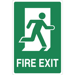 Emergency fire exit sign, green background, running person symbol