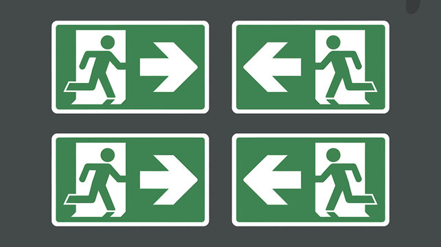 Emergency exit signs showing directions, safe escape routes