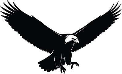 Flying eagle silhouette, vector icon of a bald eagle. Black and white graphic, predator bird with spread wings and talons, isolated.