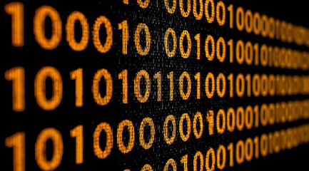Row of binary numbers are displayed in orange. The numbers are all the same, and they are all on a black background