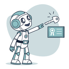Robot holding a key near a certificate isolated on, vector