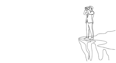 Continuous line drawing of a businessman on a cliff looking through binoculars, business vision
