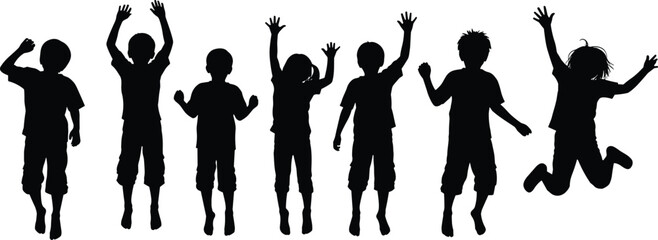 Jumping children silhouettes, set of happy kids in motion. Boys and girls playing, isolated black vector graphic, childhood joy icons.