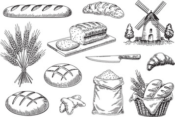 Hand drawn sketch collection of fresh baked breads and bakery items with windmill illustration