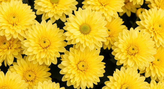 Bright yellow chrysanthemum flowers in full bloom creating a vibrant floral background with lush overlapping petals