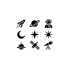 .collection  icons  rocket, planet, astronaut, solid black fill,  vector