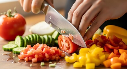 Hands chopping fresh vegetables on a wooden cutting board for a healthy meal