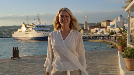 A smiling woman walks along a sunny seaside promenade lined with white buildings, with a large ferry docked behind her in the harbor.