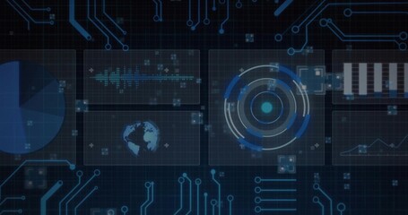 Displaying central concentric HUD pulsing over dark grid dashboard, showing waveform globe charts