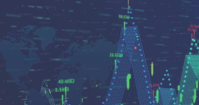 Rendering market display on dark navy screen showing world map, dotted peaks, candles, lit labels