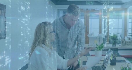 Pointing, woman with glasses in white blouse guiding man leaning over laptop at office desk, orchid