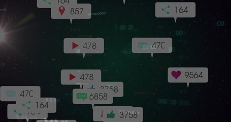 Floating cluster of social-media bubbles drifting across green nebula, with counters