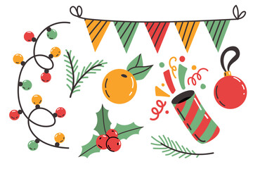 Collection of Christmas decorations. Festive garland. Christmas lighting. Colorful hand-painted decorations. New Year decor for banners, wallpaper, cards, and packaging.