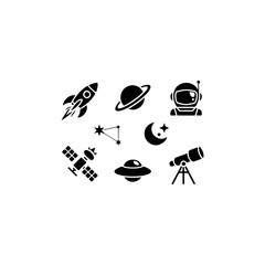 .collection  icons  rocket, planet, astronaut, solid black fill,  vector