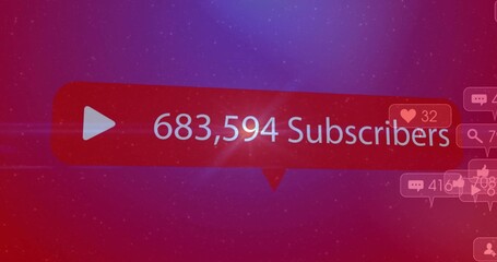 Displaying red speech-bubble showing play icon and 683,594 subs over magenta with reaction bubbles