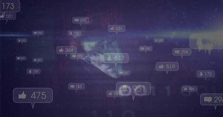 Naklejka premium Floating cluster of notification badges pulsing over virtual HUD moon backdrop, displaying counters