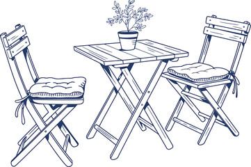 Charming hand drawn sketch of a bistro set with potted plant on white background