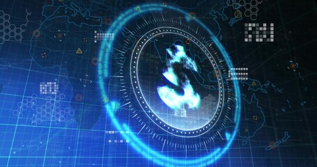 Pulsing glowing holographic dollar symbol rotating in virtual dashboard, showing HUD rings and map