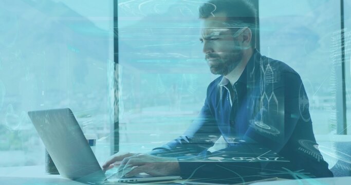 Working man in navy shirt, focusing on laptop with speaker in office, HUD overlays, copy space