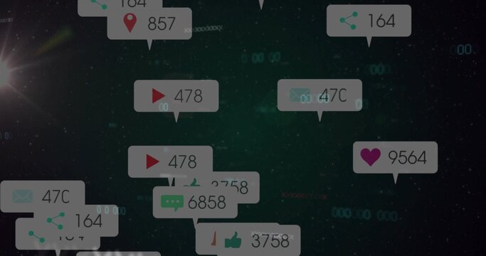 Floating cluster of social-media bubbles drifting across green nebula, with counters