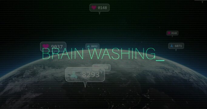 Naklejki Glowing neon-teal BRAINWASHING_ hovering Earth horizon, showing bubbles with icons counters, glitch