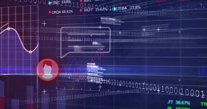 Glowing red avatar icon pulsing left-center on navy data dashboard, with speech bubble, copy space - Powered by Adobe