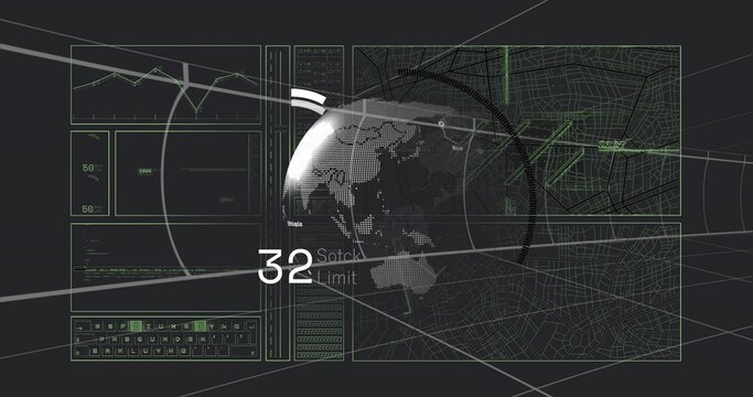 Displaying dotted 3D globe on virtual dashboard, showing '32' Sotck limit, charts, maps