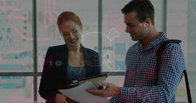 Reviewing coworkers in business wear, examining tablet and papers in modern office with overlay