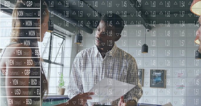 Presenting man in plaid shirt holding papers and explaining finances at office window, data overlay