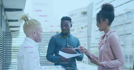 Discussing team in teal shirt pink blouse white shirt on office terrace, tablet papers code overlay