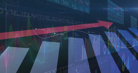 Displaying financial dashboard showing rising trend in trading platform, red arrow and bar charts
