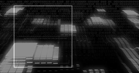 Glowing lit panel arrays forming nocturnal data skyline, with binary digits and faint white frame