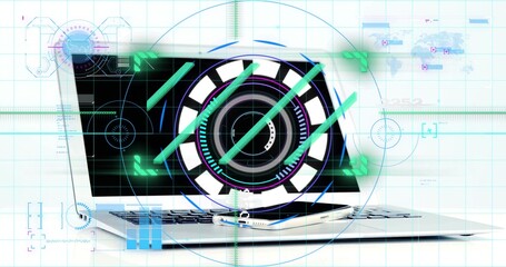 Displaying slim silver laptop projecting circular HUD overlay on white tabletop, with smartphone