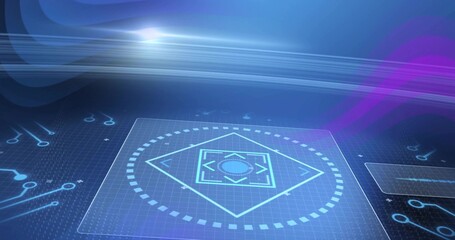 Displaying clear holo panel floating on grid plane, showing diamond target, dotted circular dial