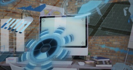 Displaying desktop monitor projecting blue AR HUD overlays in home office, with keyboard and lamp