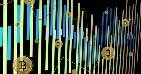 Fototapeta premium Bitcoin graphic filling dark trading screen, showing gold coins, green cyan bars, candlesticks