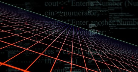 Converging neon grid plane receding into cyber void showing green horizon, vanishing point, code