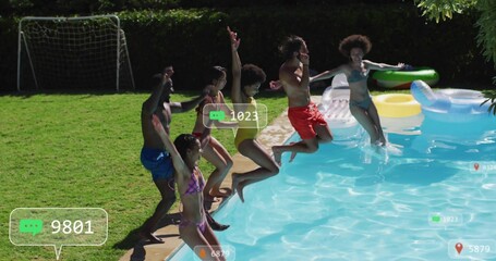 Jumping six friends wearing swimsuits leaping into backyard pool with floats, notification bubbles