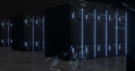 Glowing server racks showing vertical LEDs and status LEDs in data center, holographic map overlay © vectorfusionart