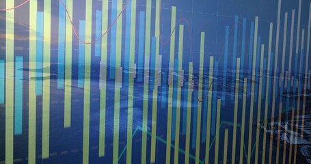 Displaying translucent vertical bar chart overlaying aerial coast, with grid and line graphs