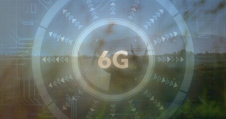Projecting transparent HUD overlay over rural grassy field, showing central 6G text and power lines