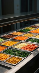 Nutritious and colorful meals arranged on serving trays in a bright, clean cafeteria, promoting healthy eating habits for students ,meal ,school ,community