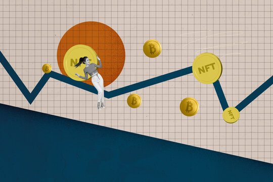 Collage depicting nft trading success and digital freelance income in a modern economic business online concept